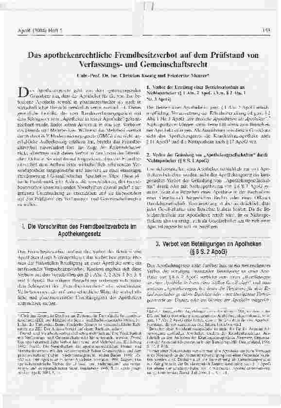 Vorschauseite 1: Das apothekenrechtliche Fremdbesitzverbot auf dem Prüfstand von Verfassungsund Gemeinschaftsrecht