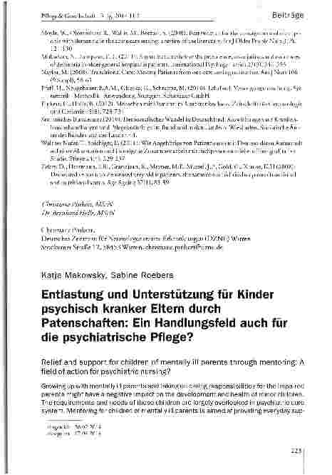 Vorschauseite 1: Entlastung und Unterstützung für Kinder psychisch kranker Eltern durch Patenschaften: Ein Handlungsfeld auch für die psychiatrische Pflege?