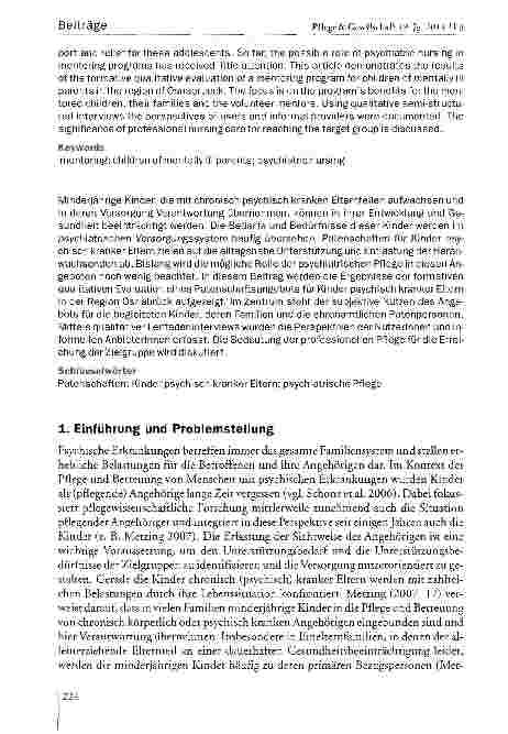 Vorschauseite 2: Entlastung und Unterstützung für Kinder psychisch kranker Eltern durch Patenschaften: Ein Handlungsfeld auch für die psychiatrische Pflege?