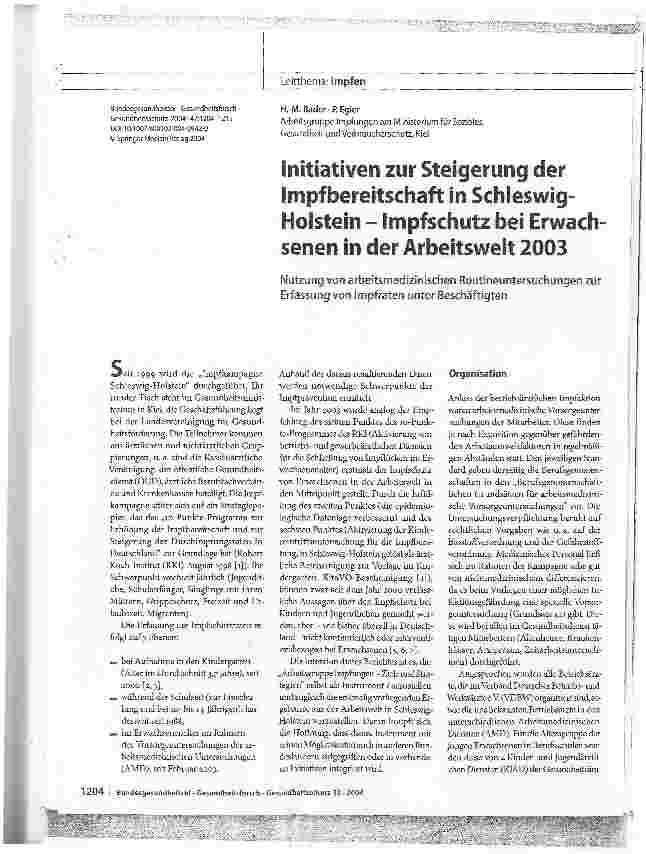 Vorschauseite 1: Initiativen zur Steigerung der Impfbereitschaft in Schleswig-Holstein - Impfschutz bei Erwachsenen in der Arbeitswelt 2003