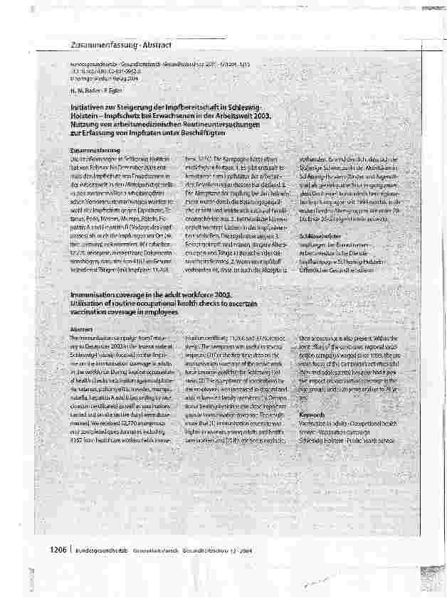 Vorschauseite 3: Initiativen zur Steigerung der Impfbereitschaft in Schleswig-Holstein - Impfschutz bei Erwachsenen in der Arbeitswelt 2003