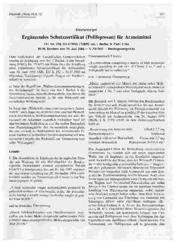 Vorschauseite 1: Ergänzendes Schutzzertifikat (Polifeprosan) für Arzneimittel