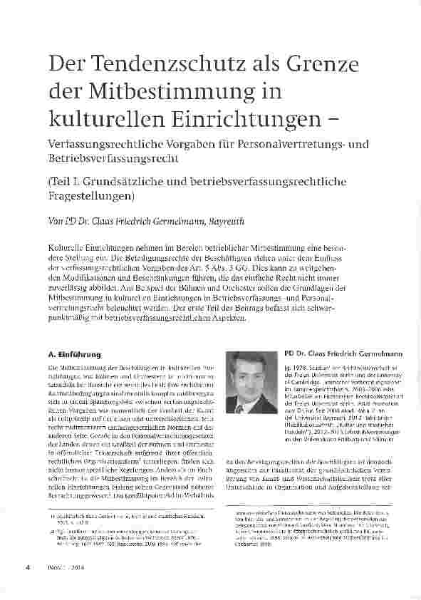 Vorschauseite 1: Der Tendenzschutz als Grenze der Mitbestimmung in kulturellen Einrichtungen