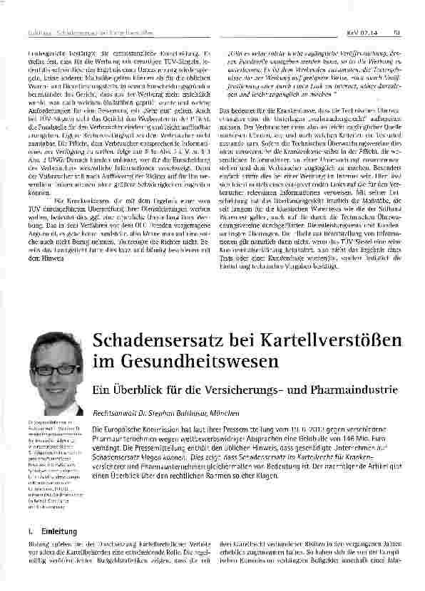 Vorschauseite 1: Schadensersatz bei Kartellverstößen im GesundheitswesenEin Überblick für die Versicherungsund Pharmaindustrie