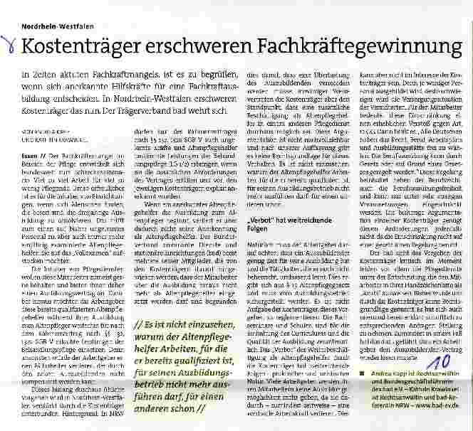 Vorschauseite 1: Kostenträger erschweren Fachkräftegewinnung