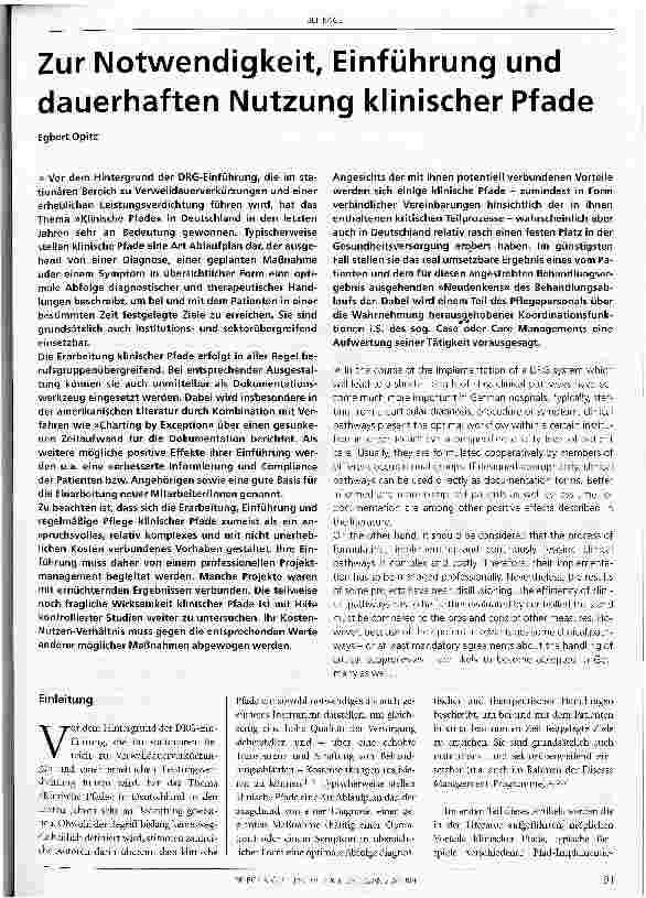 Vorschauseite 1: Zur Notwendigkeit, Einführung und dauerhaften Nutzung klinischer Pfade