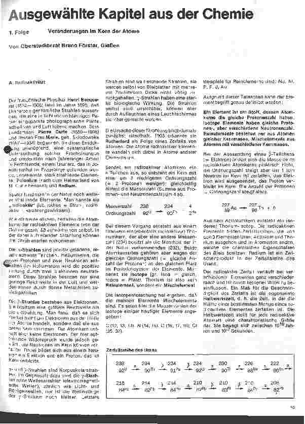 Vorschauseite 1: Ausgewählte Kapitel aus der Chemie 1. Folge: Veränderungen im Kern der Atome