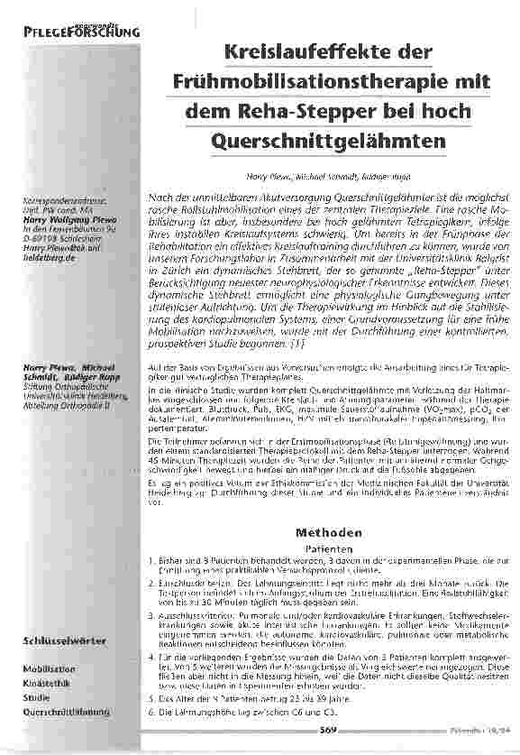 Vorschauseite 1: Kreislaufeffekte der Frühmobilisationstherapie mit dem Reha-Stepper bei hoch Querschnittsgelähmten