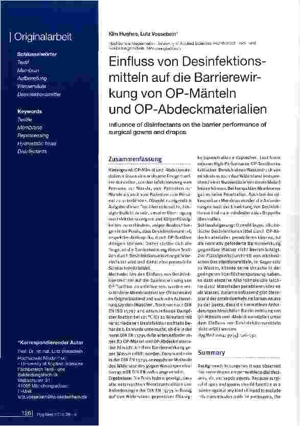 Vorschauseite 1: Einfluss von Desinfektionsmitteln auf die Barrierewirkung von OP-Mänteln und OP-Abdeckmaterialien