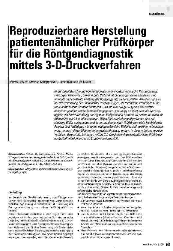 Vorschauseite 1: Reproduzierbare Herstellung patientenähnlicher Prüfkörper für die Röntgendiagnostik mittels 3-D-Druckverfahren
