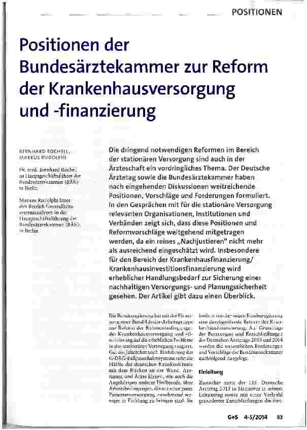 Vorschauseite 1: Positionen der Bundesärztekammer zur Reform der Krankenhausversorgung und -finanzierung