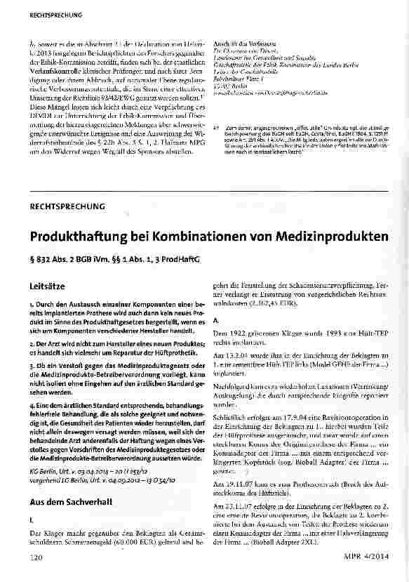 Vorschauseite 1: Produkthaftung bei Kombinationen von Medizinprodukten § 832 Abs. 2 BGB iVm. §§ 1 Abs. 1, 3 ProdHaftG