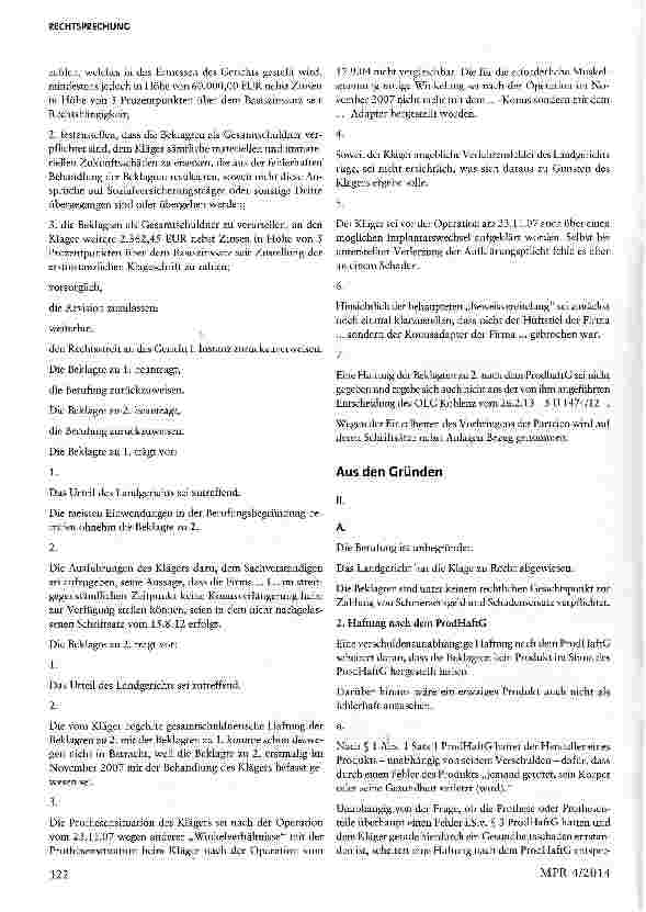 Vorschauseite 3: Produkthaftung bei Kombinationen von Medizinprodukten § 832 Abs. 2 BGB iVm. §§ 1 Abs. 1, 3 ProdHaftG