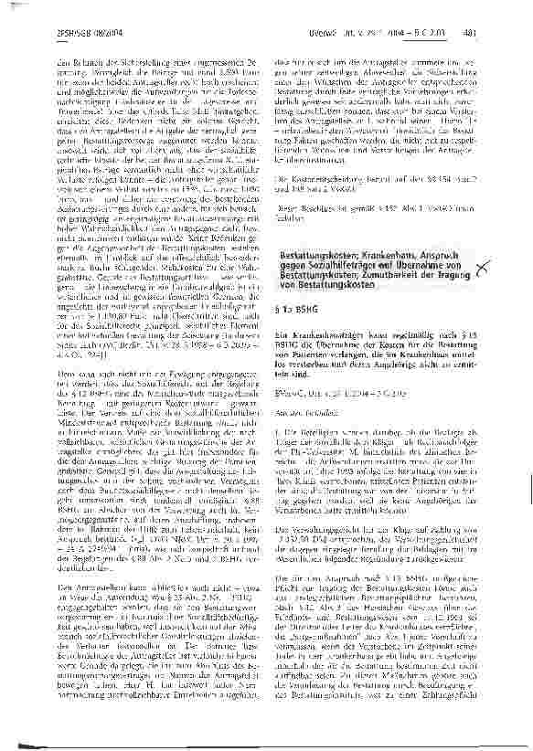 Vorschauseite 1: Bestattungskosten; Krankenhaus, Anspruch gegen Sozialhilfeträger auf Übernahme von Bestattungskosten; Zumutbarkeit der Tragung von Bestattungskosten