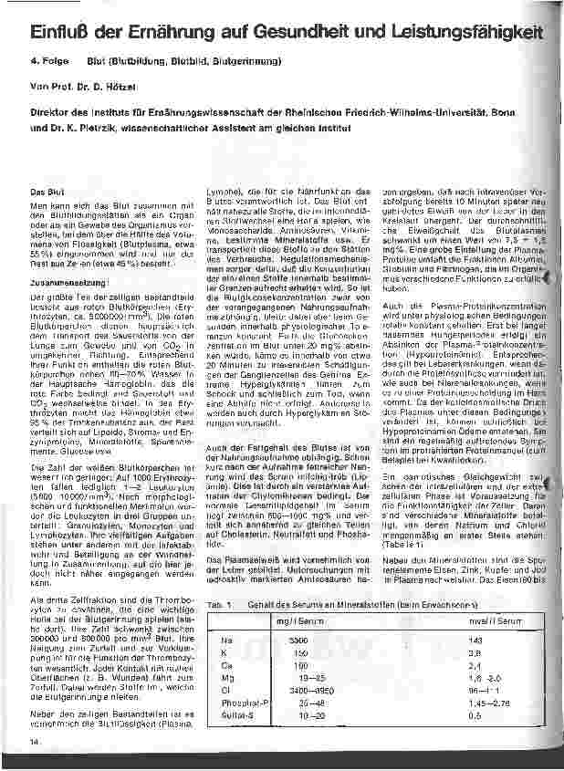 Vorschauseite 1: Einfluß der Ernährung auf Gesundheit und Leistungsfähigkeit 4. Folge: Blut (Blutbildung, Blutbild, Blutgerinnung)