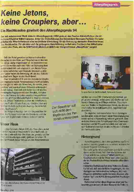 Vorschauseite 1: Keine Jetons, keine Croupiers, aber ... Ein Nachtcasino gewinnt den Altenpflegepreis 94