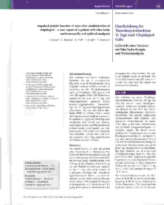 Vorschauseite 1: Einschränkung der Thrombozytenfunktion 11 Tage nach Clopidogrel-GabeFallbericht eines Patienten mit Tako-Tsubo-Ereignis und Periduralanalgesie