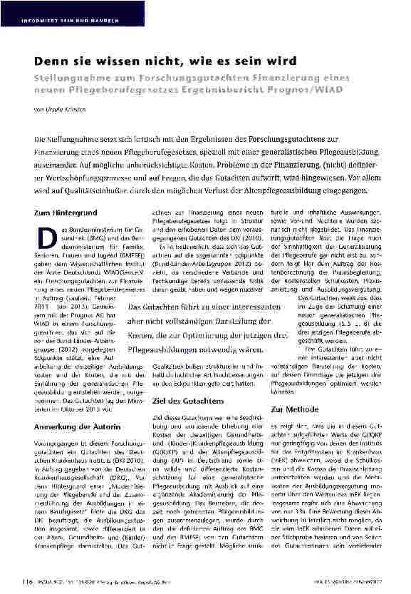 Vorschauseite 1: Denn sie wissen nicht, wie es sein wird Stellungnahme zum Forschungsqotachten Finanzierung eines neuen Pflegeberufegesetzes Ergebnisbericht Prognos/WIAD