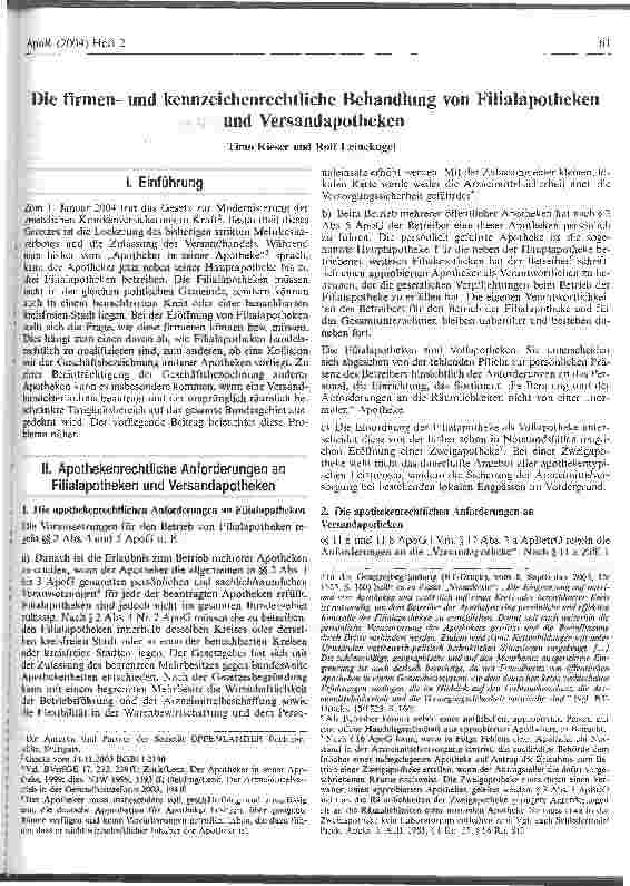 Vorschauseite 1: Die firmenund kennzeichenrechtliche Behandlung von Filialapotheken und Versandapotheken