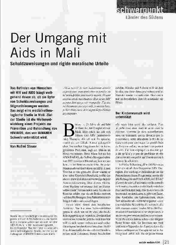Vorschauseite 1: Der Umgang mit Aids in Mali. Schuldzuweisungen und rigide moralische Urteile