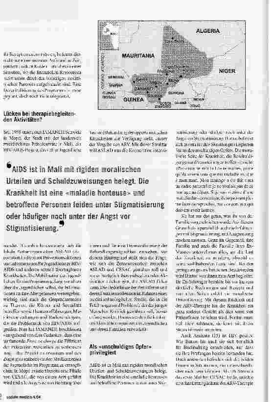 Vorschauseite 2: Der Umgang mit Aids in Mali. Schuldzuweisungen und rigide moralische Urteile