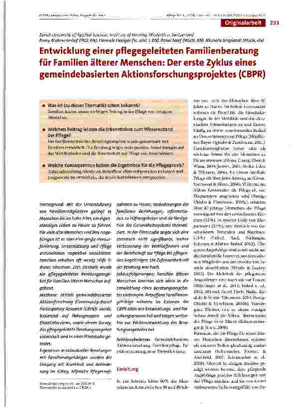 Vorschauseite 1: Entwicklung einer pflegegeleiteten Familienberatung für Familien älterer Menschen: Der erste Zyklus eines gemeindebasierten Aktionsforschungsprojektes (CBPR)