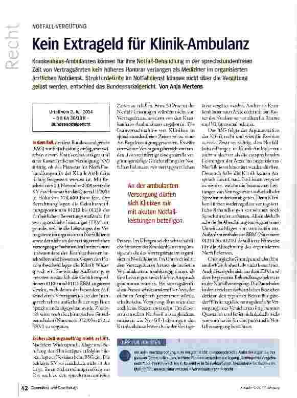 Vorschauseite 1: Kein Extrageld für Klinik-Ambulanz