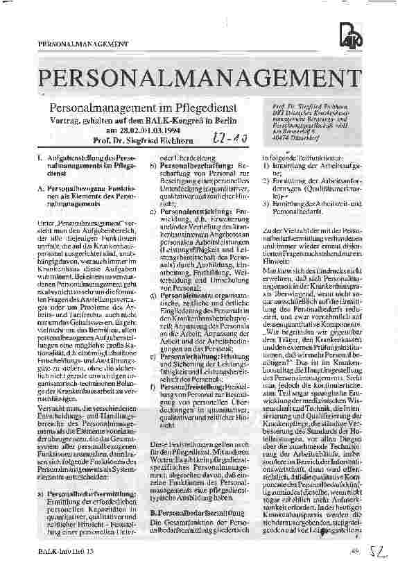 Vorschauseite 1: Personalmanagement im Pflegedienst - Vortrag, BALK-Kongreß Berlin 28. 02. /01. 03. 94