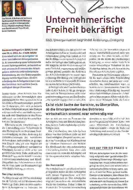 Vorschauseite 1: Unternehmerische Freiheit bekräftigtBAG: Umorganisation begründet Änderungskündigung