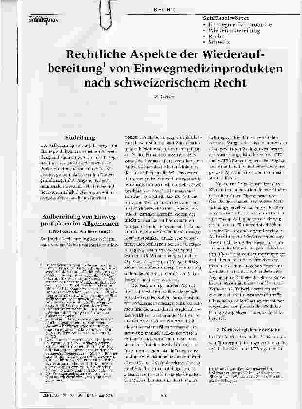 Vorschauseite 1: Rechtliche Aspekte der Wiederaufbereitung von Einwegmedizinprodukten nach schweizerischem Recht