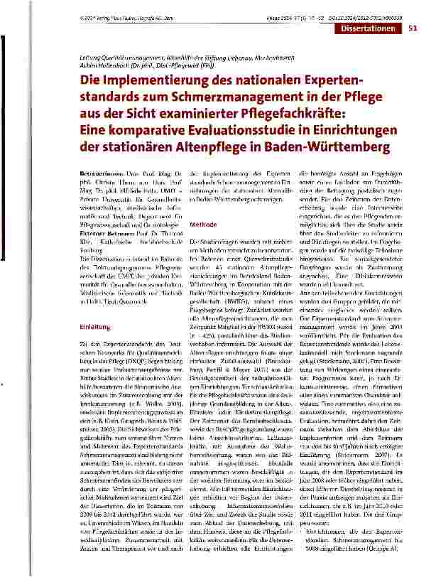 Vorschauseite 1: Die Implementierung des nationalen Expertenstandards zum Schmerzmanagement in der Pflege aus der Sicht examinierter Pflegefachkräfte: Eine komparative Evaluationsstudie in Einrich…