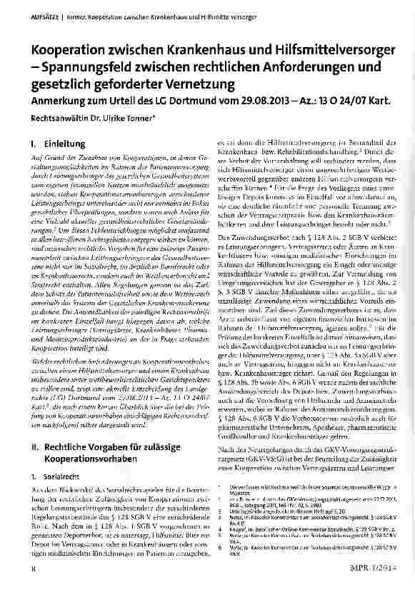 Vorschauseite 1: Kooperation zwischen Krankenhaus und Hilfsmittelversorger -Spannungsfeld zwischen rechtlichen Anforderungen und gesetzlich geforderter Vernetzung