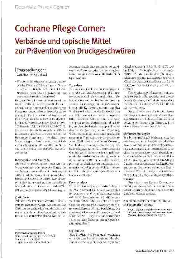 Vorschauseite 1: Cochrane Pflege Corner: Verbände und topische Mittel zur Prävention von Druckgeschwüren