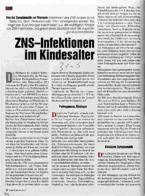 Vorschauseite 1: ZentralNervenSystem-Infektionen im Kindesalter Von der Symptomatik zur Therapie