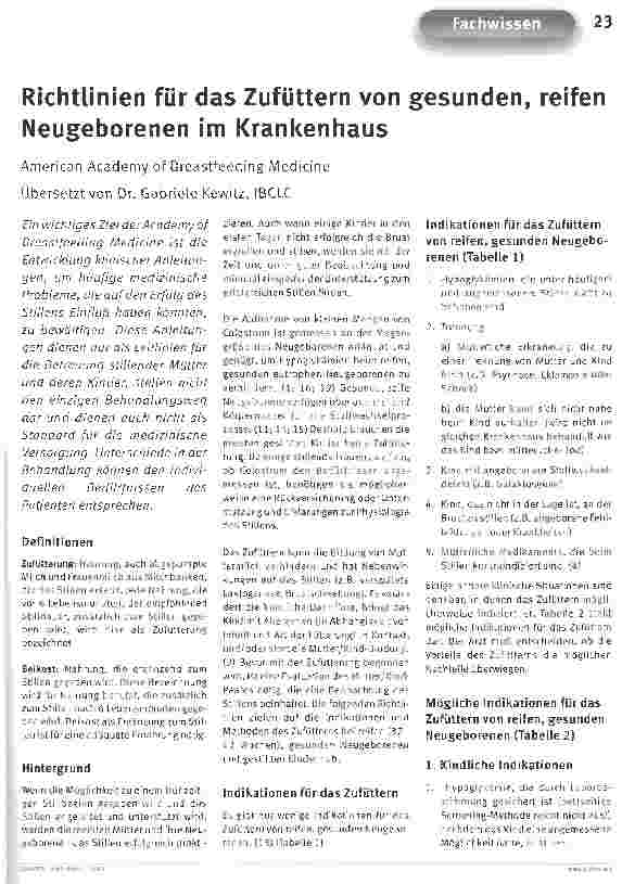 Vorschauseite 1: Richtlinien für das Zufüttern von gesunden, reifen Neugeborenen im KrankenhausAmerican Academy of Breastfeeding Medicine (Übersetzungstext)