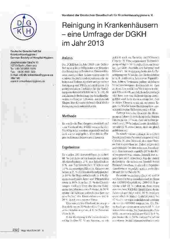 Vorschauseite 1: Reinigung in Krankenhäusern - eine Umfrage der DGKH im Jahr 2013