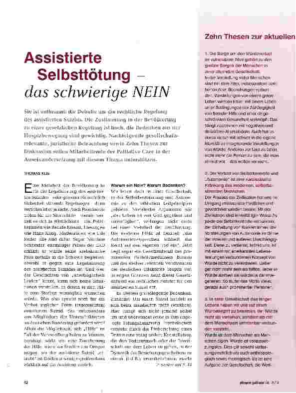 Vorschauseite 1: Assistierte Selbsttötung - das schwierige NEIN