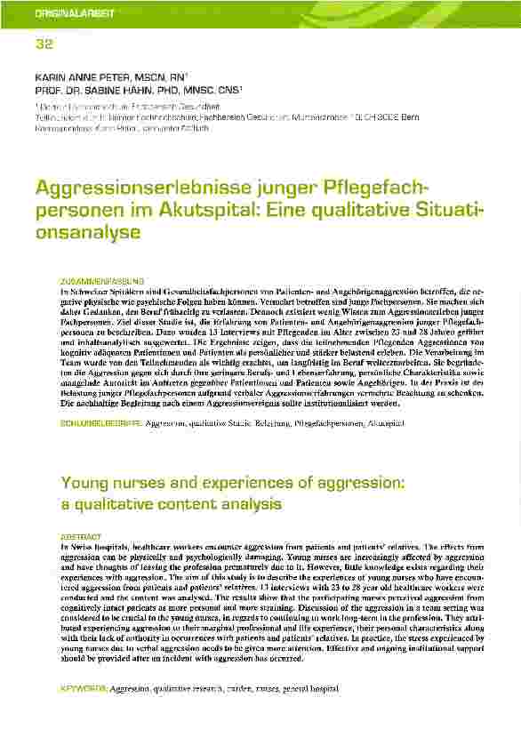 Vorschauseite 1: Aggressionserlebnisse junger Pflegefach-personen im Akutspital: Eine qualitative Situati-onsanalyse