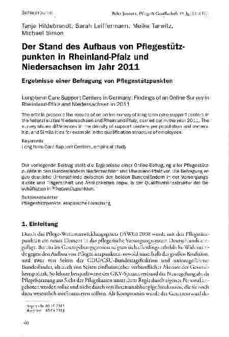 Vorschauseite 1: Der Stand des Aufbaus von Pflegestützpunkten in Rheinland-Pfalz und Niedersachsen im Jahr 2011