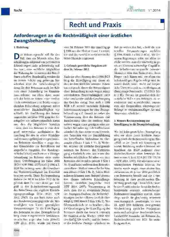 Vorschauseite 1: Anforderungen an die Rechtmäßigkeit einer ärztlichen Zwangsbehandlung