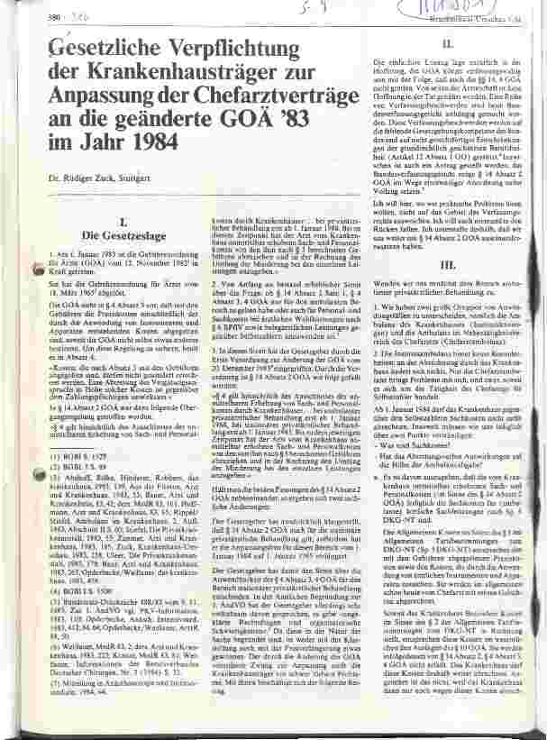 Vorschauseite 1: Gesetzliche Verpflichtung der Krankenhausträger zur Anpassung der Chefarztverträge an die geänderte GOÄ `83 im Jahr 1984