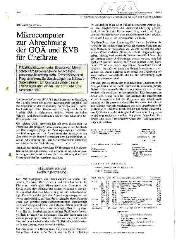 Vorschauseite 1: Mikrocomputer zur Abrechnung der GOÄ und KVB für Chefärzte