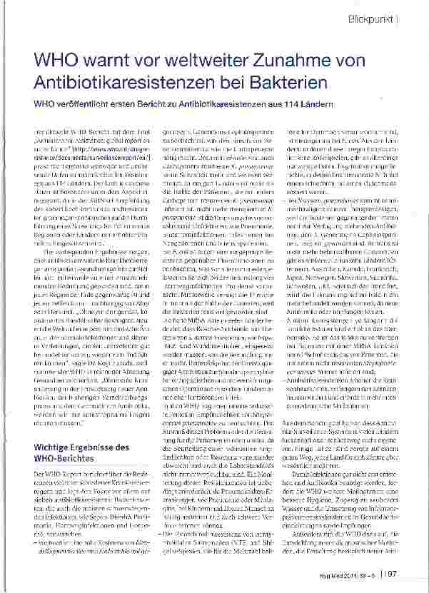Vorschauseite 1: WHO warnt vor weltweiter Zunahme von Antibiotikaresistenzen bei Bakterien