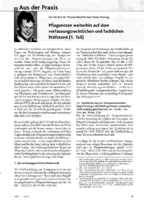 Vorschauseite 1: Pflegenoten weiterhin auf dem verfassungsrechtlichen und fachlichen Prüfstand (1. Teil)