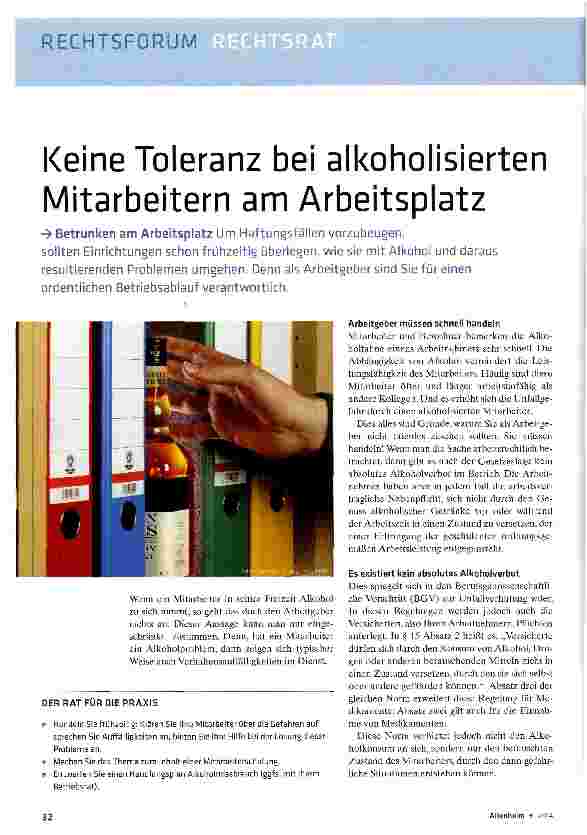Vorschauseite 1: Keine Toleranz bei alkoholisierten Mitarbeitern am Arbeitsplatz