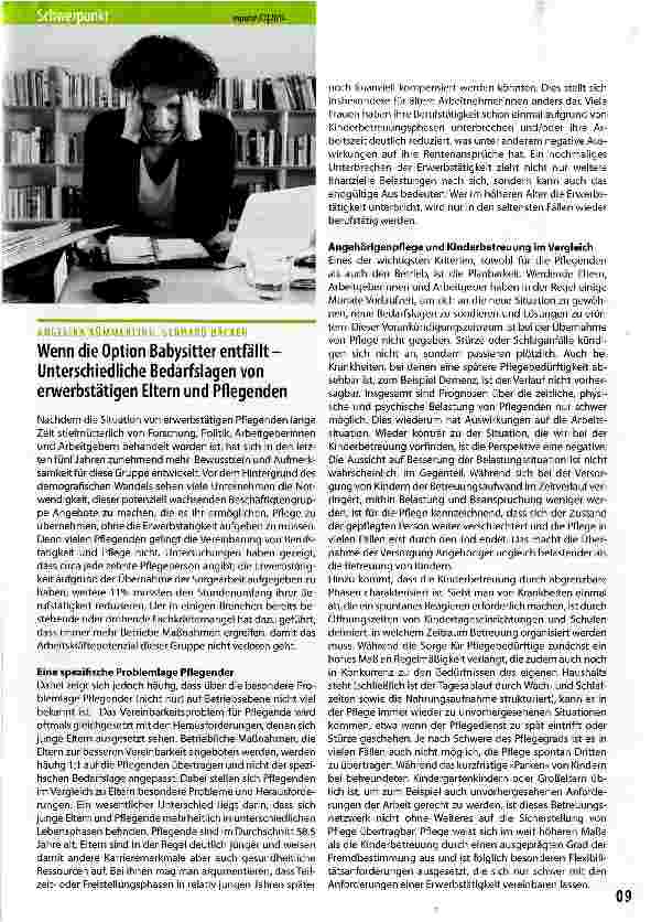 Vorschauseite 1: Wenn die Option Babysitter entfällt -Unterschiedliche Bedarfslagen von erwerbstätigen Eltern und Pflegenden