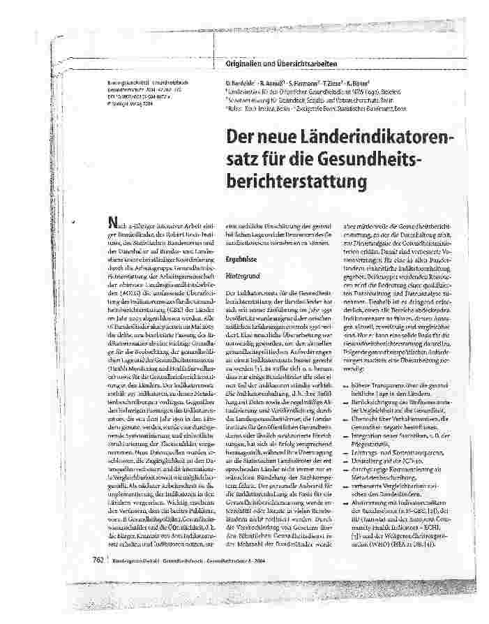Vorschauseite 1: Der neue Länderindikatorensatz für die Gesundheitsberichterstattung