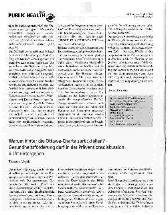 Vorschauseite 1: Warum hinter die Ottawa-Charta zurückfallen? -Gesundheitsförderung darf in der Präventionsdiskussion nicht untergehen