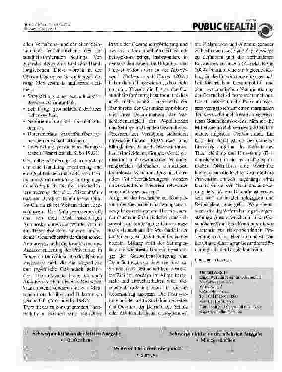 Vorschauseite 2: Warum hinter die Ottawa-Charta zurückfallen? -Gesundheitsförderung darf in der Präventionsdiskussion nicht untergehen