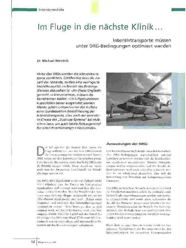 Vorschauseite 1: Im Fluge in die nächste Klinik. .. Intensivtransporte müssen unter DRG-Bedingungen optimiert werden